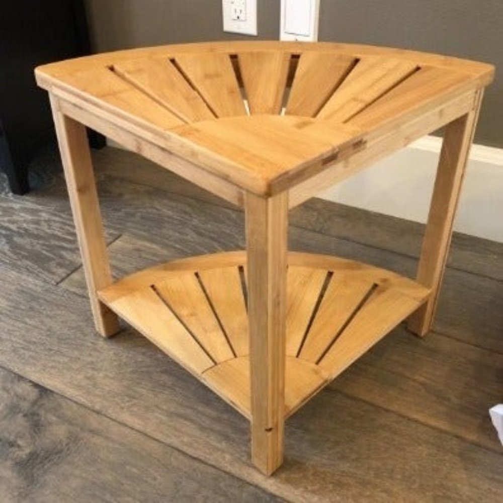 Bamboo Corner Shower Bench Waterproof Stool with Shelf, Shower Stool Seat